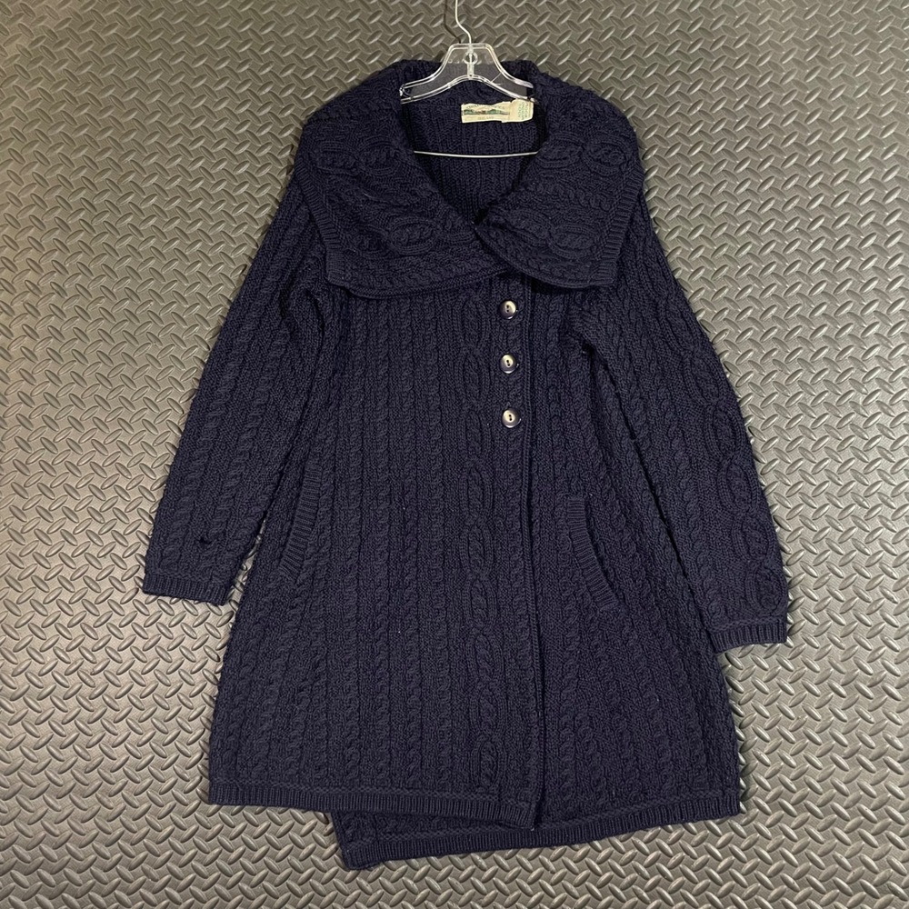 Arancrafts Navy Blue 100% Merino‎ Wool Cable Knit Cardigan Sweater Women's Small